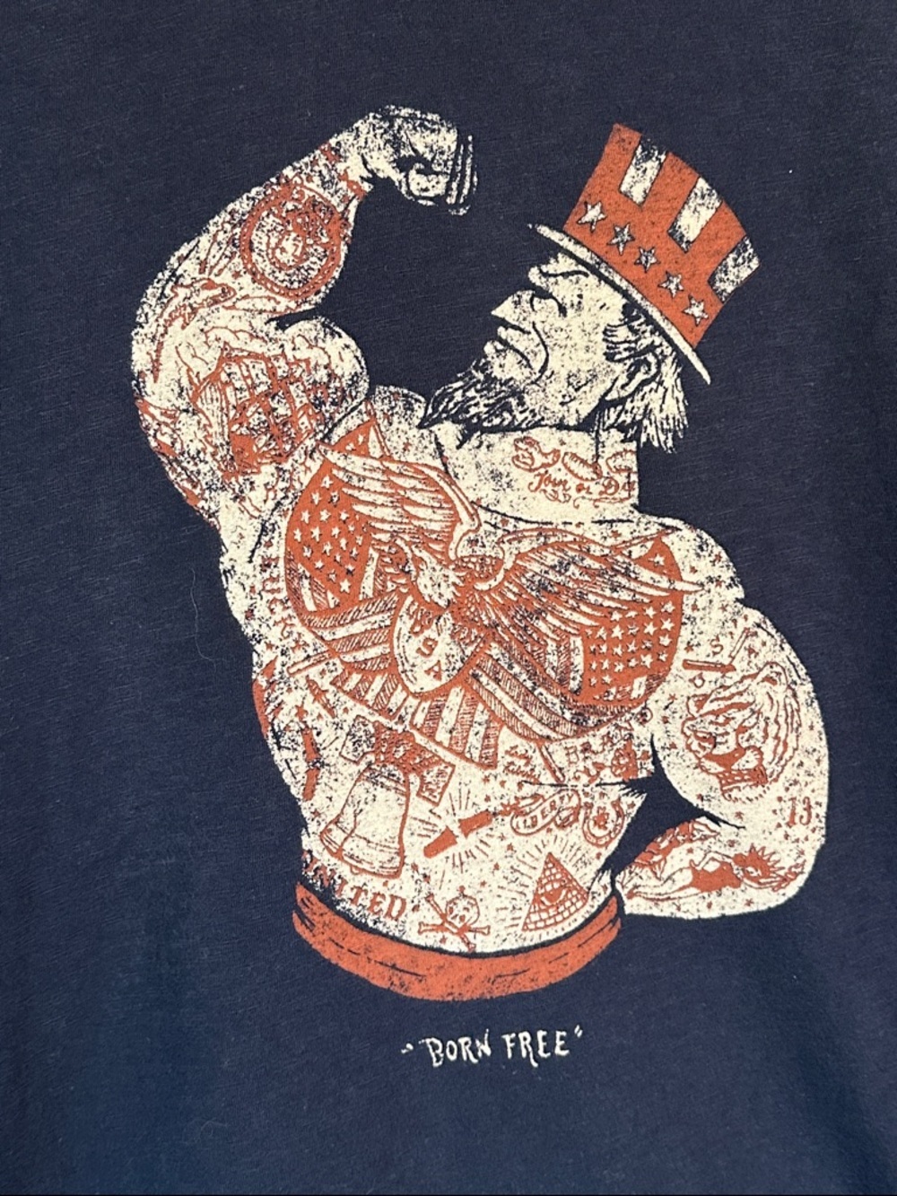 Lucky Brand Navy Tee with Orange Patriotic Muscleman Graphic